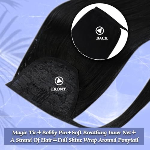 Image of Full Shine Pony Tail Extensions Real Human Hair, Jet Black, Event Style