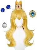 Long Curly Blonde Princess Wig with Bangs + Crown Headband + Ear Clips + Brooch + Hair Net 25.6'' Golden Wave Synthetic Hair for Women Halloween Costumes Party