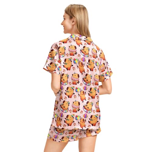 Image of Funny Pajamas for Women Set Print Satin Loungewear Pjs Short Sleeve Button Down Top and Shorts Sets Sleepwear XS-3XL
