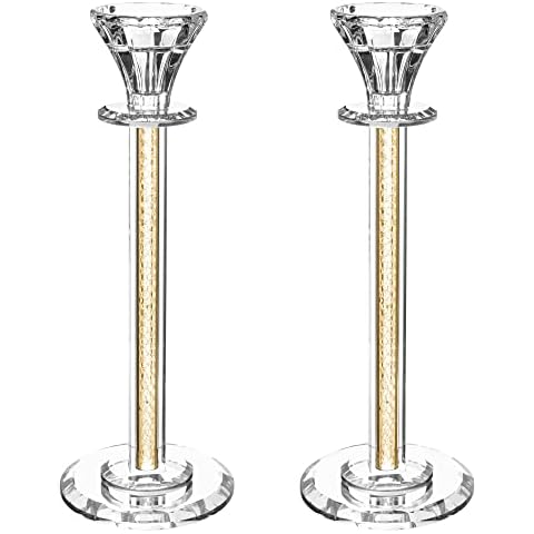 Crystal Candle Holders Set of 2 - 10.2" Tall Crystal Candlestick Holders with Gold Netting & Mirror Base - Decorative Centerpiece for Taper Candles and Tea Light Candles (Gold) Cover