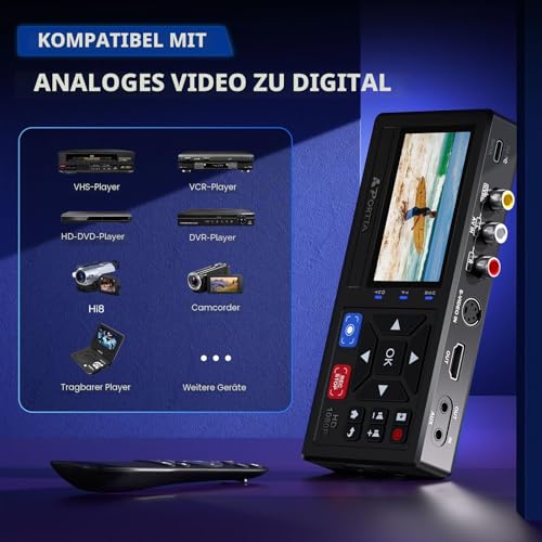Portta VHS to Digital Converter, Video VHS Digitalisieren Recorder mit Remote, Videokassetten Digitalisieren Compatible with VHS, VCR, DVR, DVD, Hi8, Mini DV, Camcorder, Cassette Tape, Gaming Consoles