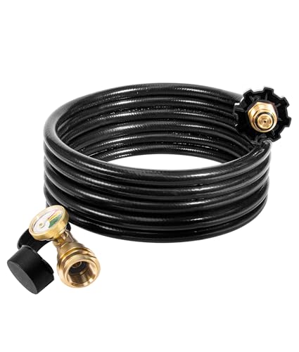 DPB 12 FT Propane Extension Hose with Gauge Acme to Male QCC1/POL Fittings for Propane Tank RVs Portable Grill BBQ Grill Heater and Most Propane Appliances (12Ft)