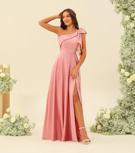 BITALY One Shoulder Bridesmaid Dress with Bow Long Prom Dress Satin Formal Gown with Slit BI1514