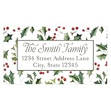 Christmas Return Address Labels Personalized with Your Choice of 50 Holiday Styles - Choose Font and Font Color or Add Custom Text (28 Holly Leaves and Berries)