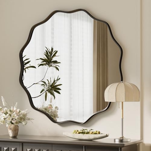 VooBang Black Scalloped Circle Mirror, 30" Wavy Edge Round Wall M...