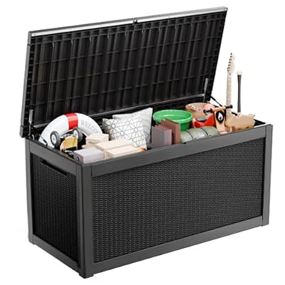 Zevemomo 260 Gallon Deck Box - Waterproof Outdoor Indoor Resin Extra Large Storage Bench for Patio Cushions Furniture Toys Garden Tools, All Weather Rattan Wicker, Lockable, Black