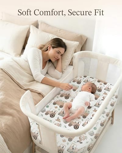 Image of Bedside Bassinet Sheets 2 Pack, 33 x 20 Fitted Bedside Sleeper Sheets, Ultra Soft Breathable Polyester, Ideal for Baby Girl or Boy and Newborns (Little Farm, Bedside Sleeper Sheet)