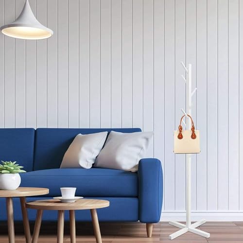 Image of Ash & Roh Natural Wooden Coat Rack Stand With Hooks Adjustable Height, Easy Assembly, Sturdy Solid Base for Coats, Hats, Handbags Entryway, Hallway, Bedroom, Office (White, 92-1)