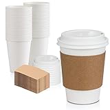 [50 Pack] White Coffee Cups with White Dome Lids and Brown Sleeves - 12oz Disposable Paper Coffee Cups - To Go Cups for Hot Chocolate, Tea, and Other Drinks - Ideal for Cafes, Bistros, and Businesses