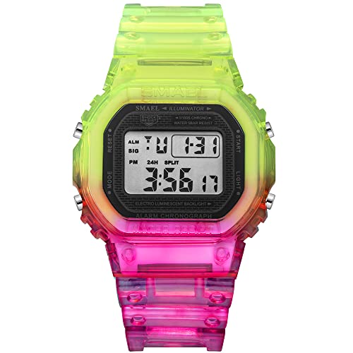 Yxian Mode Décontractée Garçon Filles Sports Multifonction Digitale Carré Montres Outdoor Etanche électronique Montre LED Lampe Lumineux Alarme Homme Femme Montre Bracelet Décorer (Vert Rampant)
