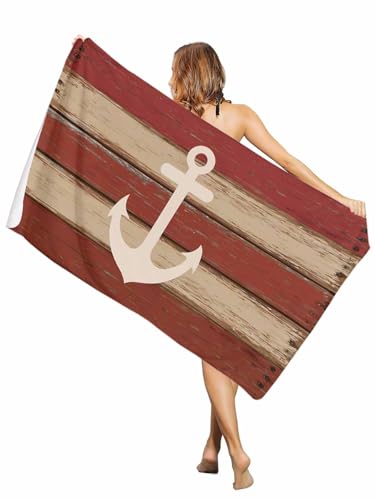 Nautical Anchor Beach Towel, Sandproof Large Beach Towels for Adults, Red Beige Rretro Wooden Board Textures Quick Dry Pool Yoga Swim Travel Camping Towel Soft Blanket Vacation Essentials 30'x60'
