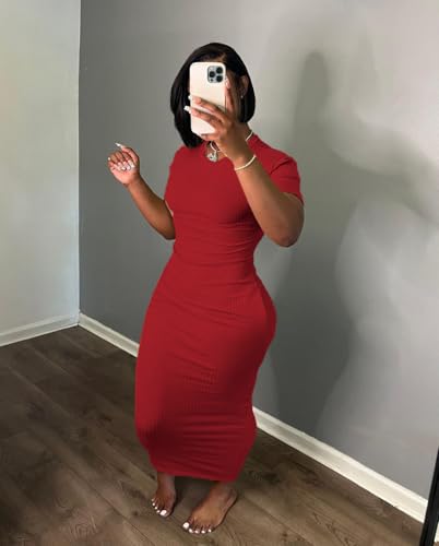 Image of Women's Casual Short Sleeve Dress T Shirt Bodycon Dresses Ribbed V Neck Maxi Sundress Basic Party Club Dress with Pocket