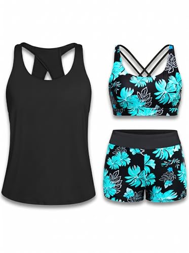 Image of Tempt Me 3 Piece Tankini Swimsuits for Women Athletic Bathing Suits Swim Tank Top with Boy Shorts and Bra Modest Swimwear