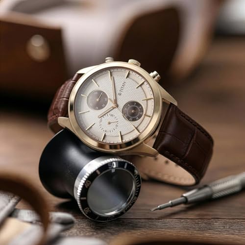 Image of Titan Classique Neo Splash Analog with Cream Dial Brown Leather Strap Watch for Men - 1805WL03
