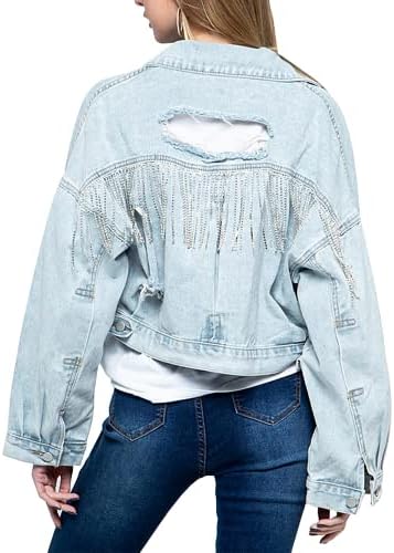 Joiemont Womens Denim Jacket with Fringe Rhinestones Long Sleeve Distressed Ripped Denim Jackets with Pockets(0025-LightBlue-XL)