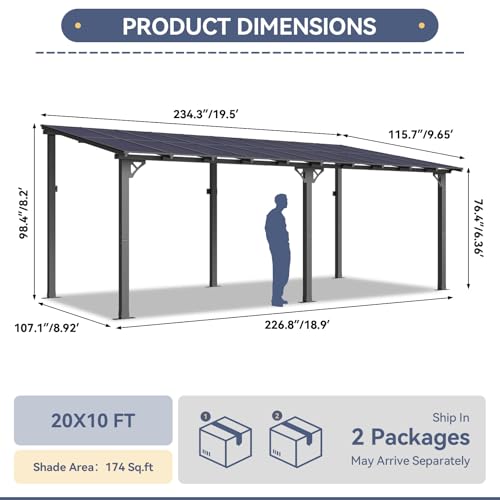 Image of 10' x 20' Lean to Gazebo Pergola, Hardtop Gazebo Metal Large Galvanized Steel Wall Mounted Pergolas on Clearance with Polycarbonate Roof, Awnings, Patio Canopy for Backyard, Deck, Porch