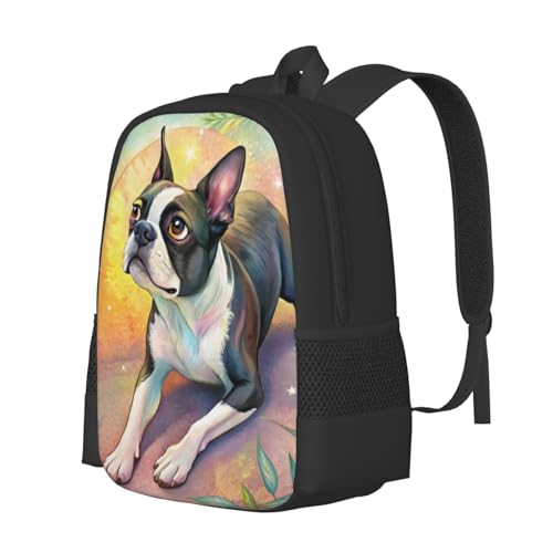 Large Capacity Watercolor Painting Boston Terrier Dog Boho Style Pastel Backpack Multipurpose Bag Zipper Unisex 17 in2