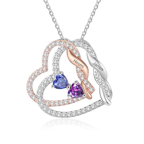 Wamantic Collier Personnalisé Prénom Argent Double Cœur Pendentif Bijoux Femme Cadeau Noël Fête des Mères Anniversaire pour Maman Mère Fille Meilleure Amie (2 pierres de naissance 2 noms)