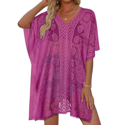 Womens Lace Bathing Suit Cover Up V Neck Swimsuit Coverup Summer Swim Coverups Loose Bikini Beach Dress (Rose Red)