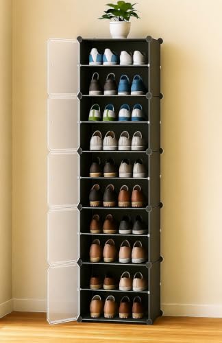 Image of Plastic Shoe Rack for Home with Door | 10-Shelf DIY Shoe Cabinet Organiser | Stores 20 Pairs | Foldable & Waterproof Shoe Stand for Entryway, Bedroom