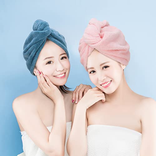 Foto von umorismo Haarturban, 2 Stück Turban Handtuch, Mikrofaser Haarturban mit Knopfdesign, Absorbierender Schnell Trocknender Handtuch Haar Trocknendes Tuch für Alle Haartypen(Rosa,hellblau)