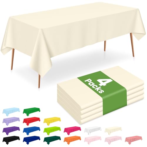 Image of LANLISA 4 Pack Ivory Tablecloth Plastic, 54 x 108 Inch Rectangle Table Cloth Disposable, Thanksgiving Decorations, Harvest, Fall Tablecloths, Beige Plastic Cover, Cream