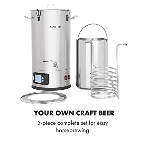 KLARSTEIN Maischfest Beer Brewing Kettle - Mash Tun, 5-Piece Brewing Equipment Set, 1000W & 1600W Power, LCD Display, Touch Control Panel, Temperature, 7.9 Gallon (30 Litre), Stainless Steel