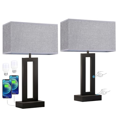 Nightstand Table Lamps for Bedrooms Set of 2 - Touch Bedside Lamp with USB C+A, 3 Way Dimmable Living Room Lamps for End Tables Set of 2, Modern Night Stand Lamps for Bed Side Guest Room(Grey)