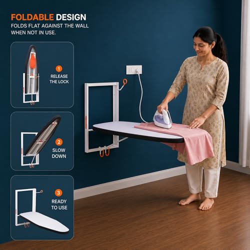 Image of Bathla X-Pres Vault Wall Mounted Ironing Board | Foldable Space Saving Iron Table | Easy-Release Lever | Compact Wall Mount Design for Home & Laundry Room Removable Cotton Cover (Off White)