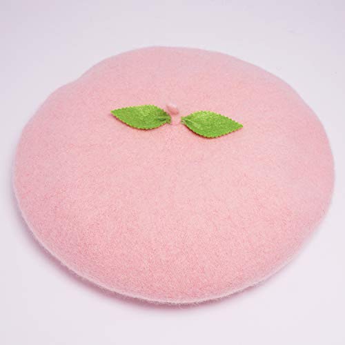 Kawaii Handmade Cartoon Beret Hat Green Leaves Fruit Cosplay Vintage Lolita Mori Girl Wool Cap Gift (Pink) #TOP3