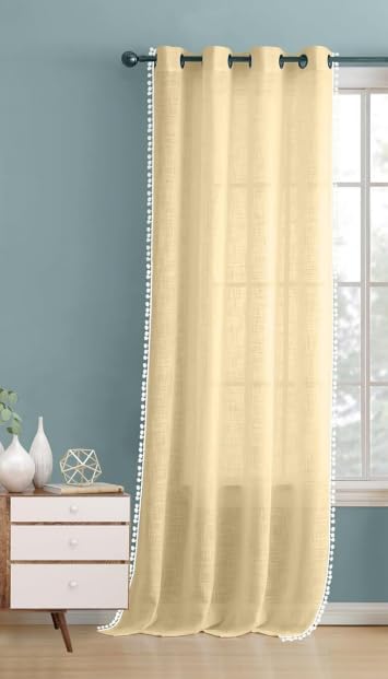 Image of THE LINEN COMPANY Cotton Linen Solid Eyelet Curtain for Window, Butter Cream, Light Filtering Fabric, Elegant Home Decor Curtain Panel, 4 Feet