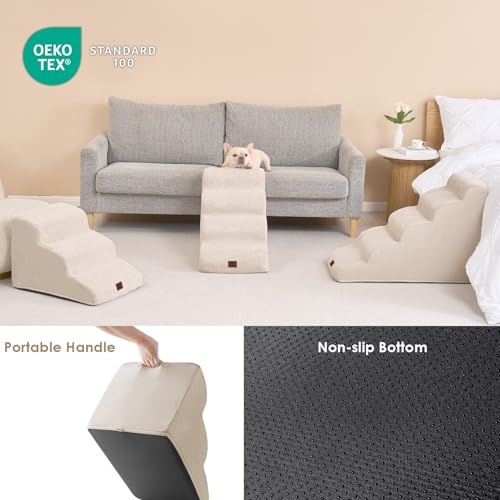 EHEYCIGA Hundetreppe für Kleine Hunde 50 cm Hoch, Haustiertreppe für Sofa Bett, Treppe für Hunde aus Hochdichtem Schwamm, Hunderampe mit Waschbarem Bezug und Rutschfestem Boden, 4 Stufen, Beige