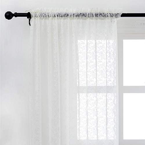 Cream Rose Knitted Lace Semi Sheer Curtains Window Curtain Drapes For Bedroom - Rod Pocket Header Retro Style Vintage Lightweight Ivory Lace Jacquard Window Curtains, Set Of 2 Panels 84 Inchs Long #TOP1