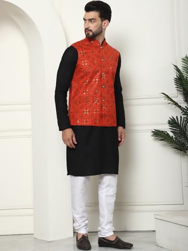 Image of SOJANYA (Since 1958 Men's Cotton Linen Maroon Kurta and White Pyjama with Mustard Cotton Nehru Jacket
