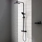 CECIPA Columna Ducha termostático negro Sistema de ducha 38 °C termostático de tubo cuadrado negro set de ducha con alcachofa de mano ABS y ducha de lluvia