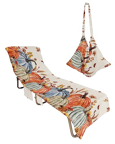 Fall Pumpkins, Beach Lounge Chair Towel Cover, Soft Chaise Lounge Towel with Side Pockets Patio Pool Chairs Cover for Beach/Pool Sunbathing 29x85 Watercolor Eucalyptus Leaves Sunflower