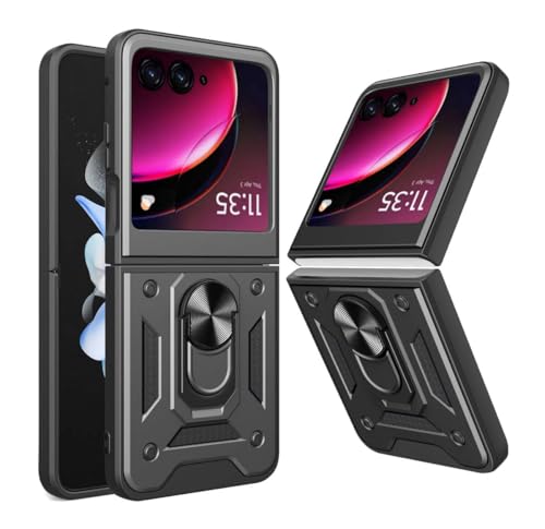 Cover per Motorola Razr 50 Custodia Armor a Doppio Strato Morbido & PC Protezione Lente Scorrevole Anello Rotante 360° Case Antiurto - rigido silicone nero