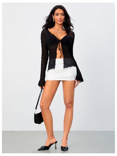 Milumia Women's Y2K Textured Lettuce Trim Tie Front Cardigan Long Sleeve Sheer Shrug Top Cover Ups3