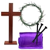 MLOLM Easter Standing Cross Decor with Purple Scarf & Thorn Crown and 3Pcs Crucifixion Nails-Wooden Tabletop Cross with Base for Church, Baptism, Home Altar - Religious Easter Gift