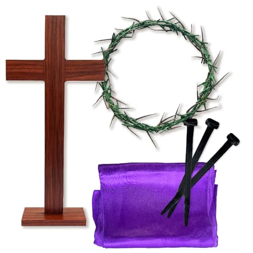 MLOLM Easter Standing Cross Decor with Purple Scarf & Thorn Crown and 3Pcs Crucifixion Nails-Wooden Tabletop Cross with Base for Church, Baptism, Home Altar Religious Easter