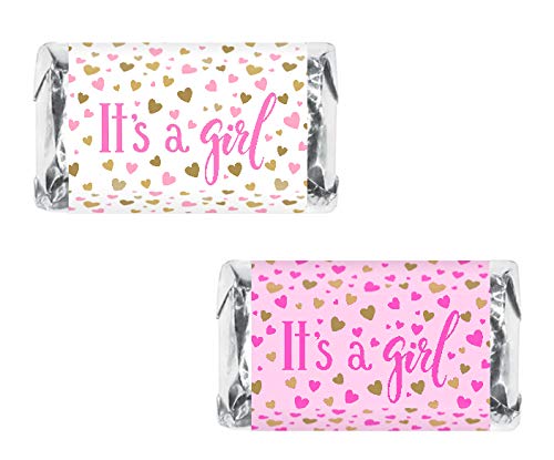 60 Its a Girl Pink Baby Shower Miniatures Candy Bar Wrapper, Baby Shower Miniatures Candy Bar Stickers Decorations, Candy Not Included