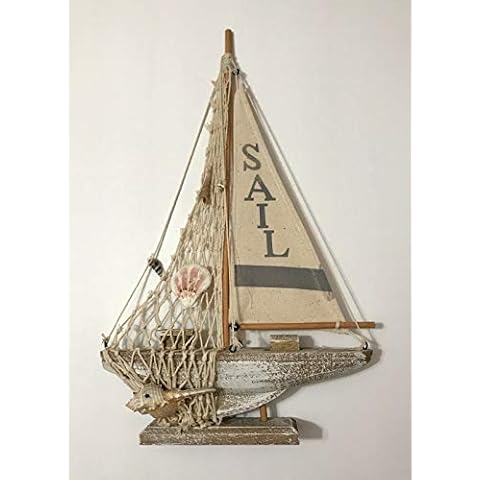 ACCENTHOME Handcrafted Wooden Nautical Sail Boat Decor with Shell Nautical Themed Gift 13.5" Tall Cover