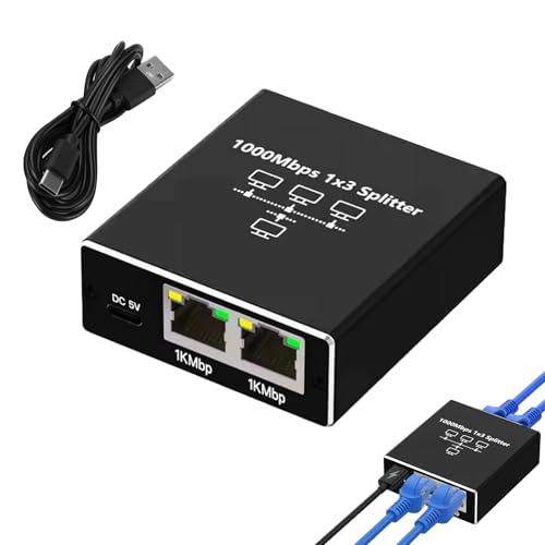 Duplicador Ethernet 1 a 3, Switch Ethernet 1000 Mbps, Splitter de Switch Gigabit de Aluminio, Duplicador RJ45 con Cable de Alimentación USB-C para Ordenadores, Routers, Decodificadores, TV Digital