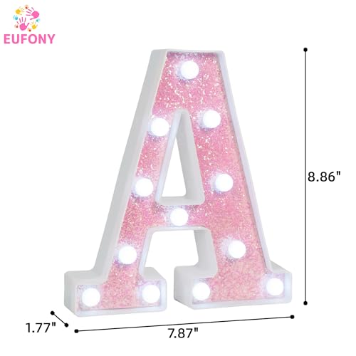 Image of Pink Glitter Marquee Light Up Letters, Battery Operated LED Letter Lights Signs for Pink Birthday Party Table Decorations, Wall Decor for Girls Bedroom, Initial Letter A with Cool White Lights