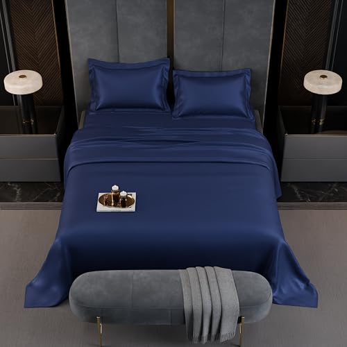 Image of Stoa Paris 350TC Luxstre Cotton Super King Flat Bedding Set for King & Double Size Beds with 2 Pillow Covers, 274cm x 274 cm Bedsheet, All-Season Comfort, Breathable, Home Decor, Panache - Navy