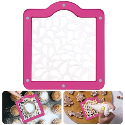 Magnetic Acrylic Cookie Stencil Holder,Cookie Stencil Frame Stencils for Royal Icing,Magnetic Template Frame for Cooking Cake Coffee Dessert Decoration Supplies (Pink Square-6.7 * 6.1 in)