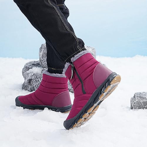 Image of Mens Winter Warm Snow Boots Fur Lined Anti-Slip Waterproof Winter Shoes Retro Anti-Collision Round Toe Zipper Closure Slip on Outdoor Boot (Red,6)