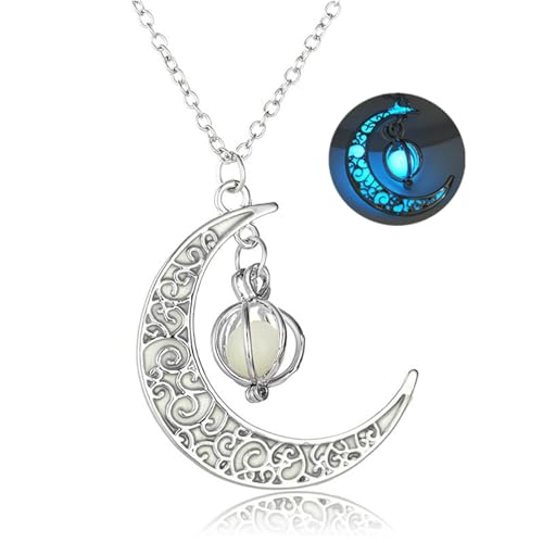 EEQQBZ Glowing crescent moon fairy necklace for women or men - Enchanting luminous moon charm - Moon magical glow jewelry in the dark necklaces (Silver Sky Blue)