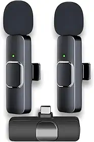Kit Microfone Lapela Sem Fio Duplo USB-C – Redução de Ruído, Bateria 5h, Alcance 20m – Compatível com iPhone 15/16 e Android – Ideal para Vídeo, Entrevista, Vlog