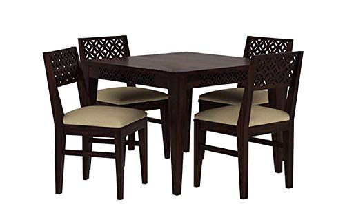 Image of Sheesham Wood Dining Table 4 Seater Set || Dining Room Furniture || CNC Cuting Dining Table Set || Dining Table with Chair Set || Wooden 4 Seater Dining Table with Cushion || Walnut Finish